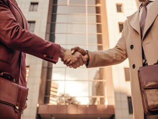Two business handshake outside of a fancy building