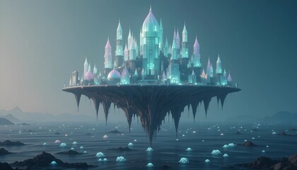 Low Poly Floating Alien City with Glowing Crystals