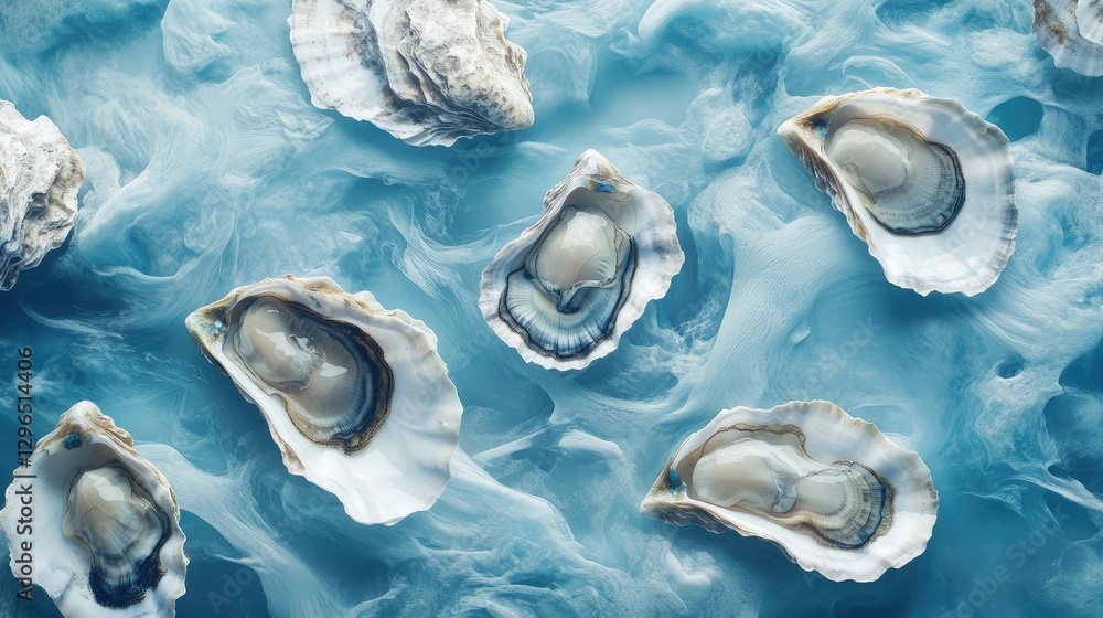 Aufkleber assorted oyster shells placed on a blue ocean-themed background with soft reflections and a dreamy a