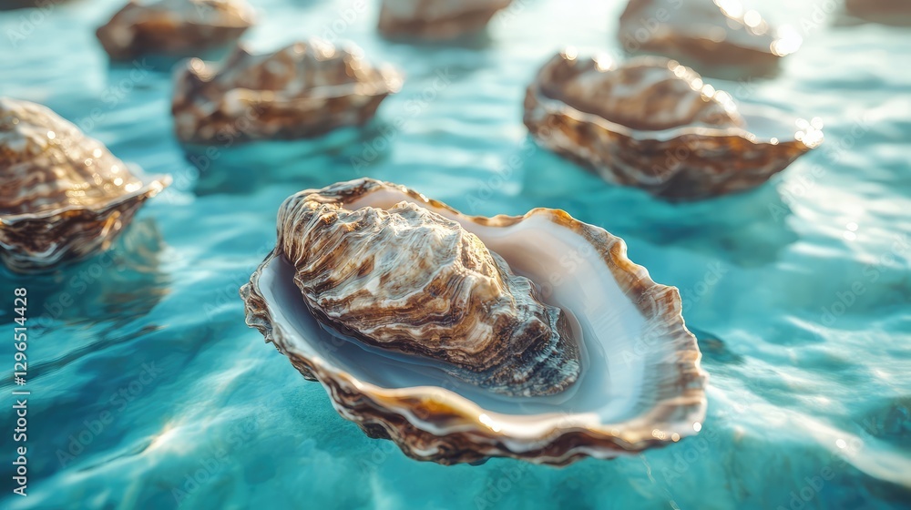 Poster assorted oyster shells placed on a blue ocean-themed background with soft reflections and a dreamy a