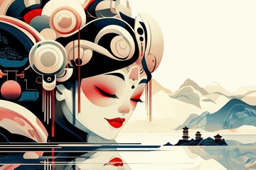 Serene Geisha in Futuristic Headdress with Asian Landscape