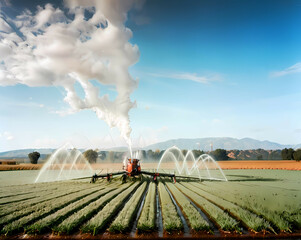 Naklejka premium Irrigation bots efficiently spray water over extensive crop fields, using advanced sensor-driven watering systems in a highly sustainable agricultural landscape. Generative AI