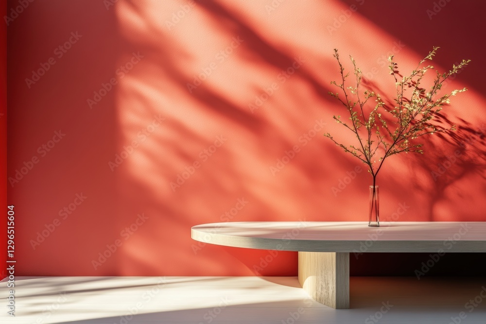 Aufkleber empty showcase on light wooden table with plant on red wall background with light gradient