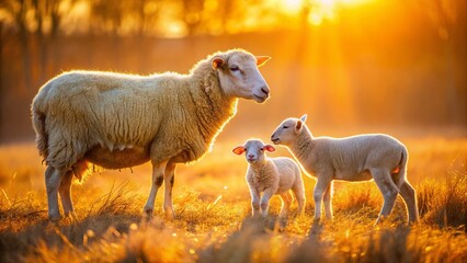 Obraz premium Hampshire Down Ewe Nursing Twins in Golden Winter Grassland, South Africa