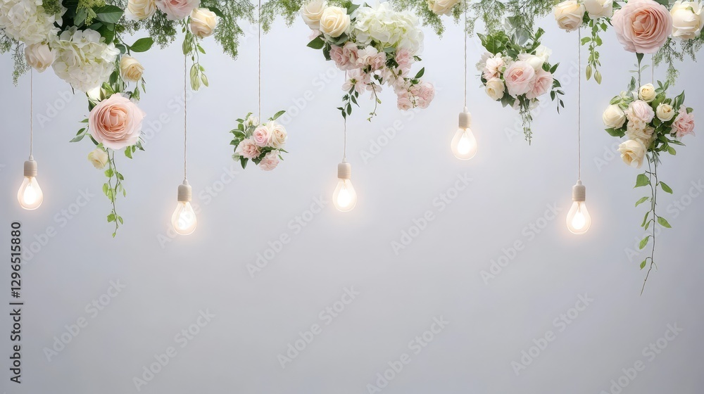Poster a clean white background with hanging string lights and soft flower arrangements, ideal for a weddin