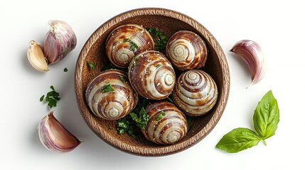 Obraz premium Prepared escargot in wooden bowl with garlic and herbs on white background