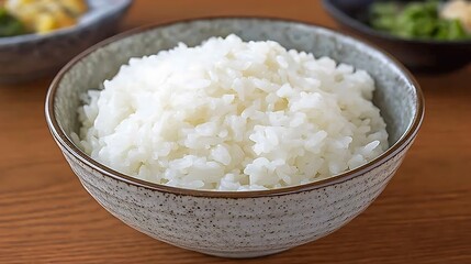 Steamed rice bowl, wooden table