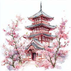 Serene Watercolor Painting of Pagoda Amidst Pink Cherry Blossoms
