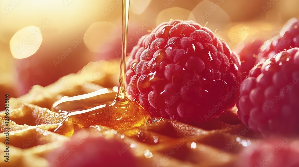Aufkleber a close-up of a waffle with fresh raspberries and a drizzle of honey, soft lighting creating a warm 