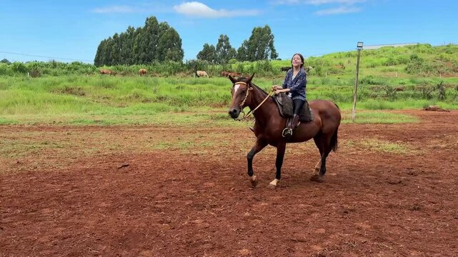 menina faz passeio com cavalo 