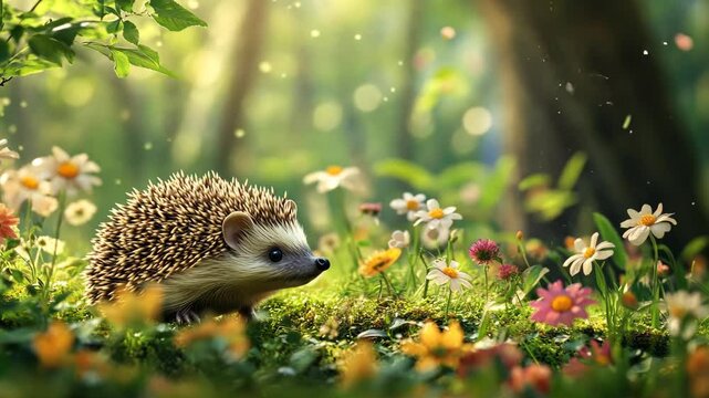 A curious hedgehog explores a sunlit forest floor, surrounded by colorful wildflowers and lush greenery in a peaceful natural setting