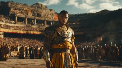 Heroic warrior stands before an ancient arena filled with spectators