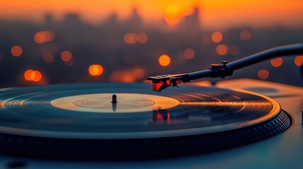 Turntable playing vinyl record at sunset with city bokeh.