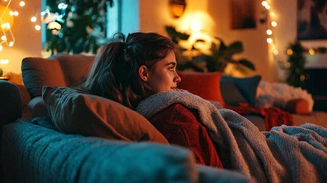 A young woman wrapped in a warm blanket sits comfortably on a couch in a softly lit living room. The ambient glow from string lights and candles creates a peaceful, cozy atmosphere, perfect 