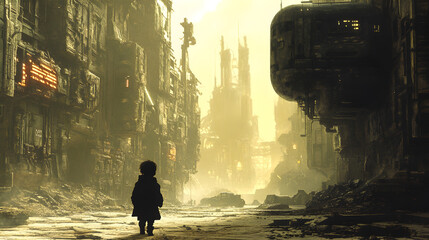Fototapeta premium child walking through a silent mechanical city, the last human in a world abandoned by robots 