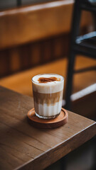 A wooden table holds iced coffee in a glass on a round coaster Vertical Mobile Wallpaper