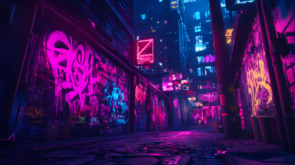 Neon lit back alley in cyberpunk city with graffiti and vibrant colors at night. Neon Graffiti Cyberpunk Tunnel. Illustration
