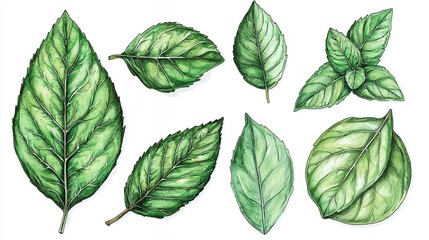 Obraz premium Watercolor Green Leaves Collection Isolated Botanical Illustration