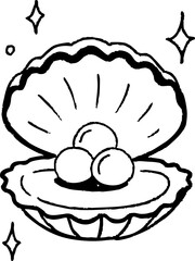 whimsical illustration of open oyster with pearl inside, sparkling with joy