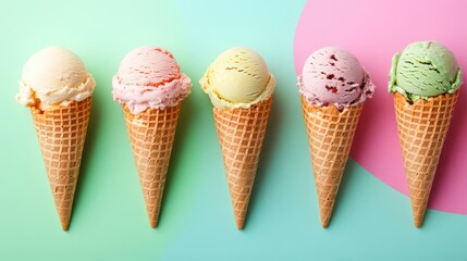 A flat lay of assorted ice cream flavors in waffle cones, neatly arranged on a vibrant summer-themed background.