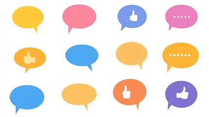 A set of speech bubble quote icons with thumbs-up symbols in clip art style, isolated on a plain background