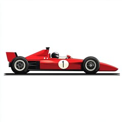 Red vintage Formula 1 race car with driver in helmet, side view on white background, classic motorsport illustration