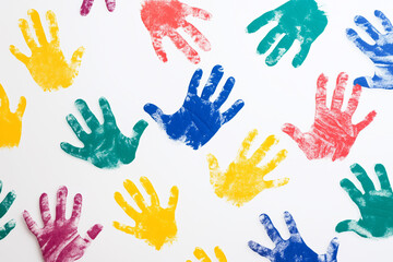 Different colorful hands prints on white background. Diversity and equality concept.