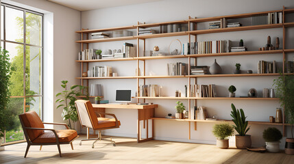 sunny lo-fi style shelves with books in modern home office