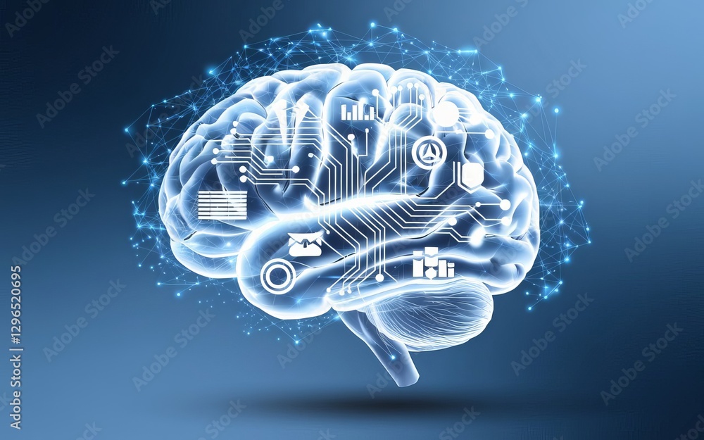 Poster digital brain: circuitry embedded in a translucent human brain, set against a deep blue background, 