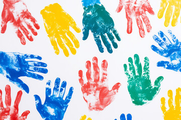 Different colorful hands prints on white background. Diversity and equality concept.