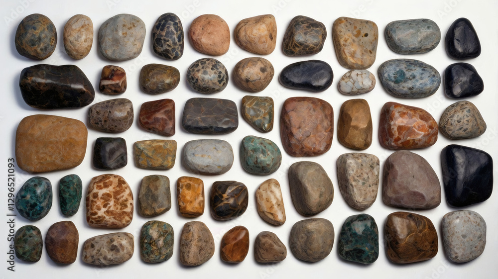 Poster a collection of various pebbles arranged on a surface, showcasing diverse shapes, sizes, and colors