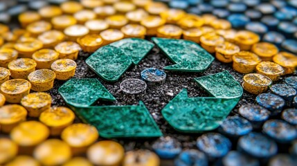 Recycling symbol made of colored golf practice balls
