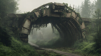 collapsed bridge with robotic remains tangled in vines, hinting at a long-lost history 