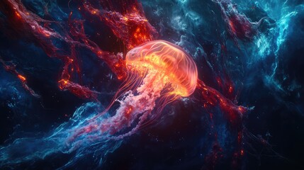 A glowing jellyfish set against a black abyss, showcasing its ethereal tentacles and delicate body.