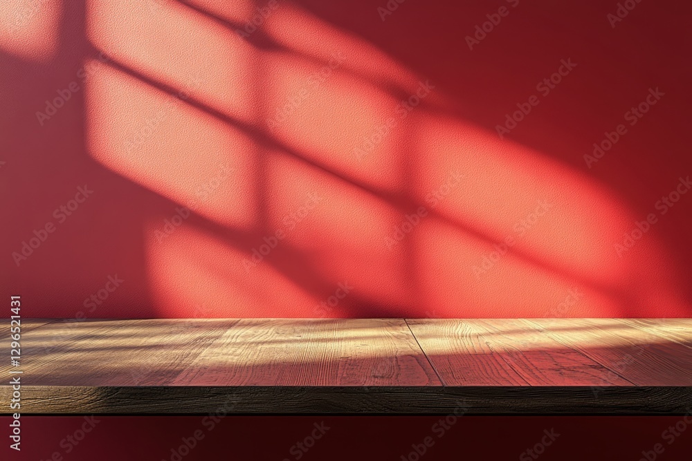 Poster empty wooden tabletop on red wall with window shadows background