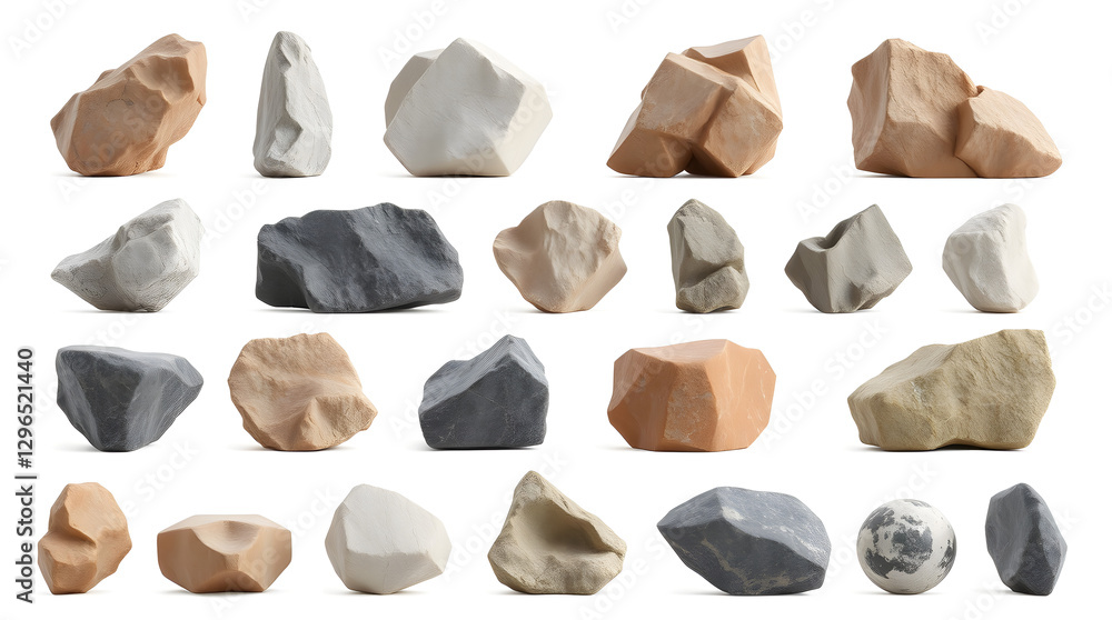 Poster a collection of various rocks and stones, each with unique shapes, sizes, and colors, are arranged in a neat display 