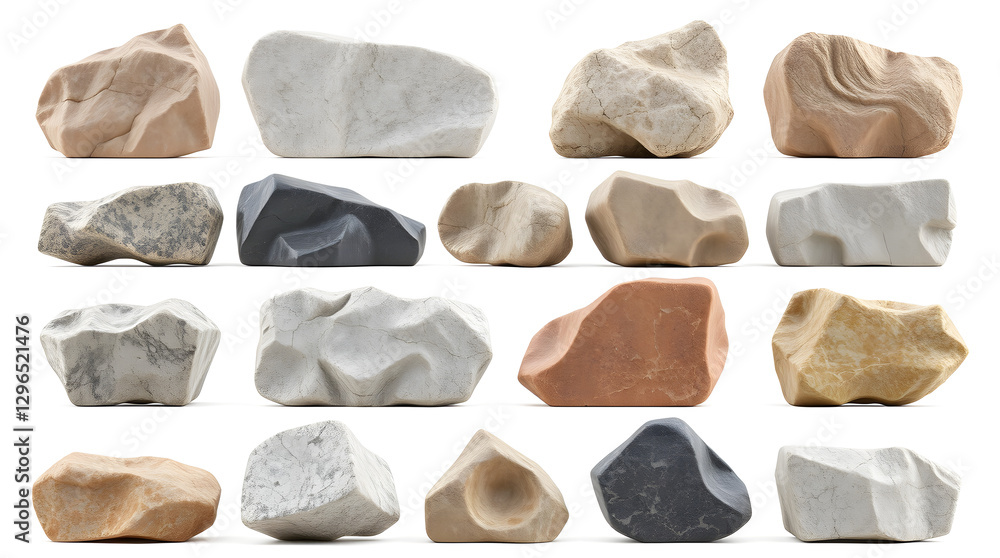 Poster an assortment of various stones, rocks, and pebbles in different shapes and colors, presented togeth