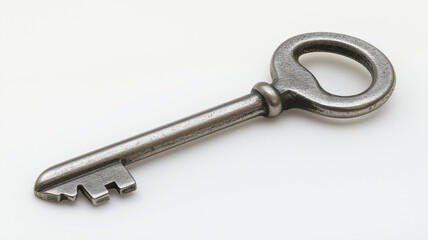 single metallic silver key with round head and intricate design, symbolizing security and access. This vintage style key evokes sense of nostalgia and mystery