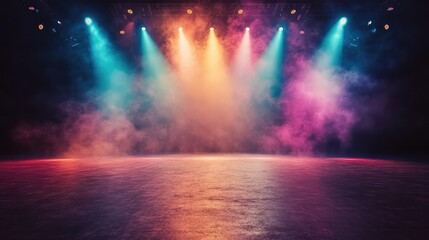A glowing music stage with multi-colored lights and fog effects, creating space for event details or concert branding.