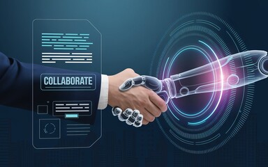 Human-AI Partnership: A businessman extends his hand in a handshake towards an AI robot, a symbol of collaboration and the merging of human intelligence with artificial intelligence.