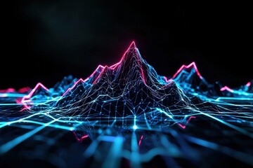 AI-controlled mountain range with neon-lit peaks shifting in response to data flow, futuristic digital landscape
