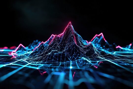 AI-controlled mountain range with neon-lit peaks shifting in response to data flow, futuristic digital landscape