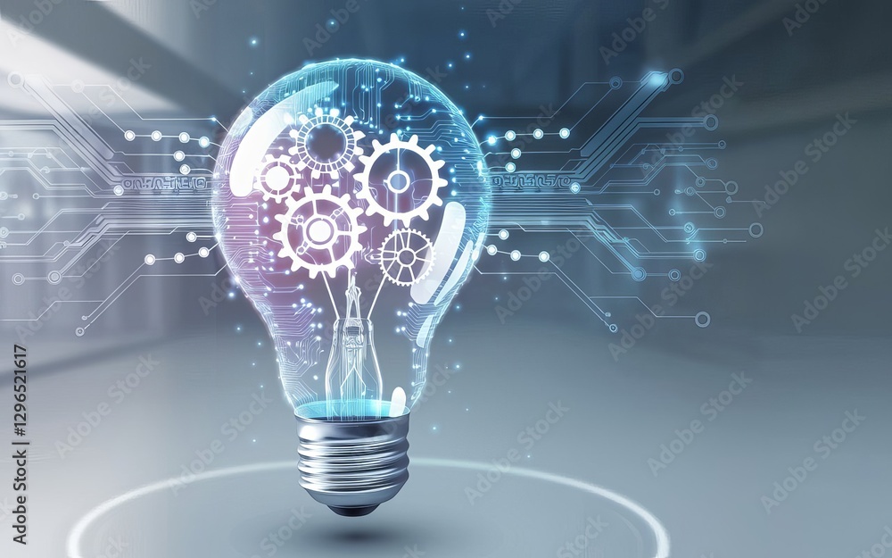 Poster illuminating innovation: a lightbulb with gears inside, symbolizing technological innovation. it rep