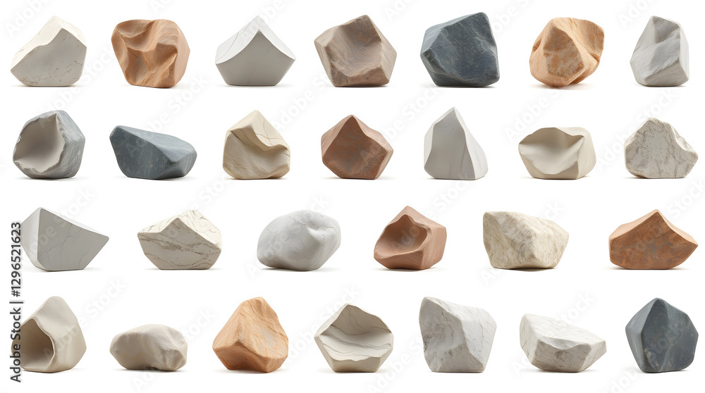 Poster a collection of various unique stones, each with a different shape, color and texture. the stones ar