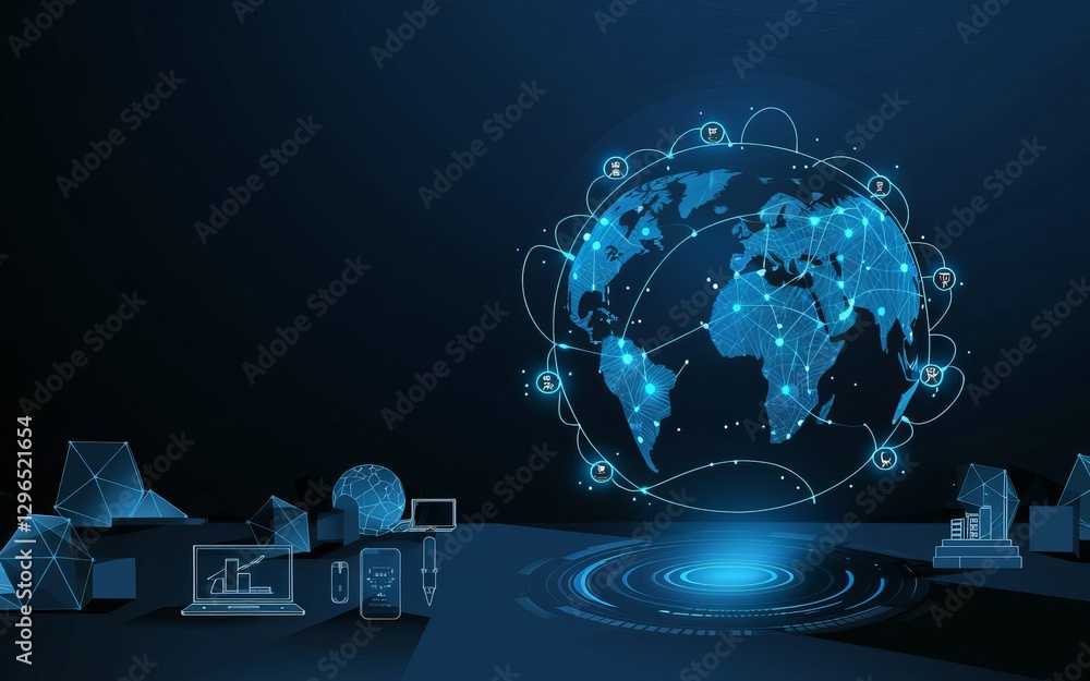Poster global network: a digital illustration depicting a holographic globe connected by lines, symbolizing