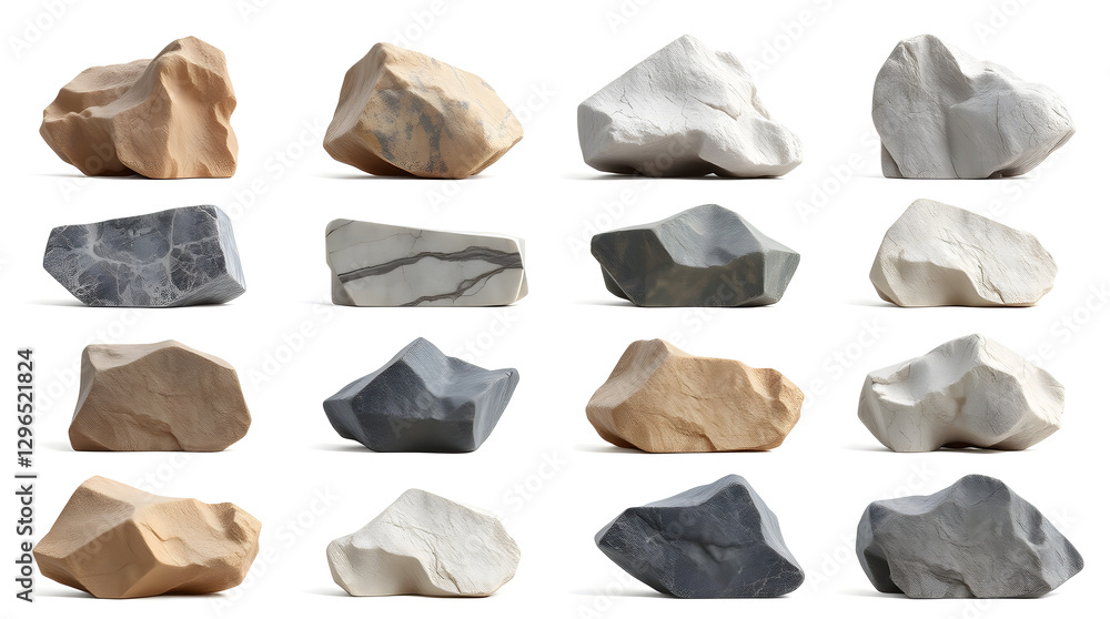 Poster different rocks of various shapes, sizes, and colors. A collection of rocks against a light background, showing a diversity of geological specimens