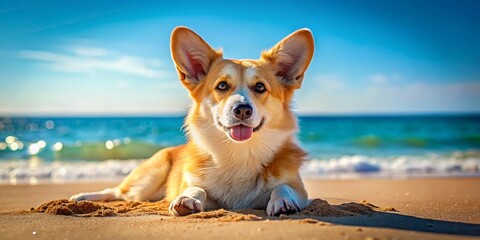 Happy Welsh Corgi Pembroke Relaxing on Sunny Beach Sand