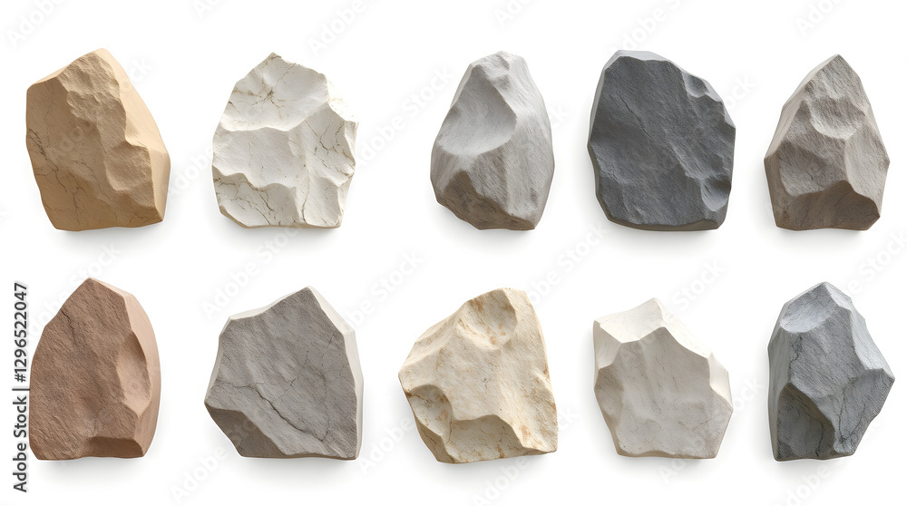 Fototapete a collection of various textured and colored rocks isolated on a white background. These rocks are perfect for adding a natural touch to your designs.