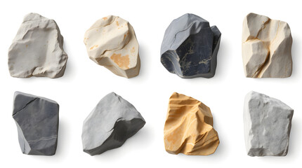 Collection of eight various clay stones on white background