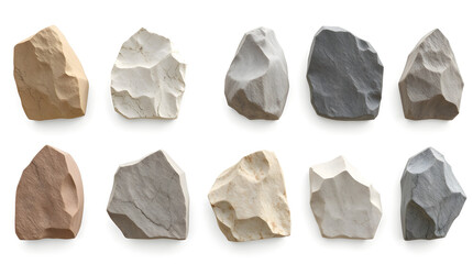 a collection of various textured and colored rocks isolated on a white background. These rocks are perfect for adding a natural touch to your designs.
